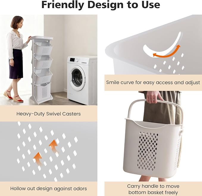 BAOKALER 4-Tier Laundry Hamper Sorter, Vertical Rolling Laundry Baskets with Wheels Removable, Stackable Laundry Cart Organizer and Storage for Small Space, Dorm, Closet, Bathroom - Image 4