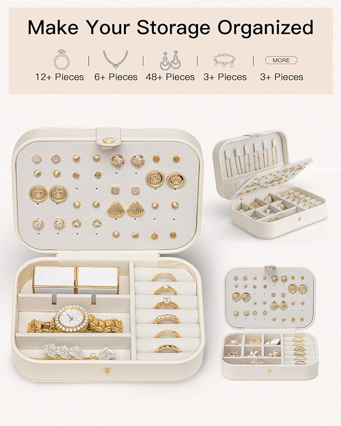 VLANDO Travel Jewelry Case for Women Girls, Gifts for Mother, PU Leather Small Jewelry Box for Rings, Necklaces, Bracelets, Earring Holder Organizer Storage for Travel Essentials - Beige - Image 7