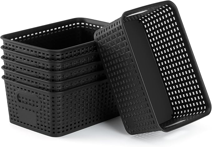 Plastic Storage Baskets 6 Pack Sturdy Storage Organizer Basket Woven Plastic Storage Bins for Shelves,Closet,Countertops, Desktops, Cabinets and Badrooms,Saving Storage, Stylish Design,Black by NUMIFUN