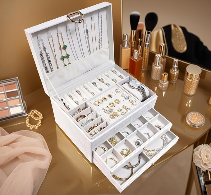 TOFUNTOY Jewelry Organizer Box, Large Jewelry Boxes for Women, 3-Layer Jewelry Holder Organizer for Necklace Earrings Rings Bracelets Storage, Gift for Her Mom - Image 5