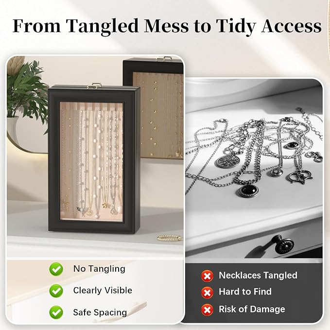 Necklace Organizer Box - 2-Layer Double-Sided Clear Lid Jewelry Storage Case, Anti-Tangle Necklaces Display Holder for Pendants Bracelets, Jewelry Organizer for Women Girls (Black) - Image 7