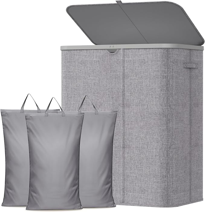 Lifewit 185L Large 3 Section Laundry Hamper with Lid, Plastic Laundry Basket with Bamboo Handles and Removable Bags, Tall Foldable Clothes Hamper for Bathroom Bedroom, Light Gray by Lifewit