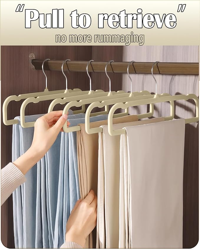 Velvet Hangers Non Slip - 20 Pack Pants Hangers for Closet - Thin Space Saving Clothes Hanger - Strong, Durable, Jean Perchas with 360 Degree Rotatable Hook for Tank Top (Beige Silver Hook) - Image 3