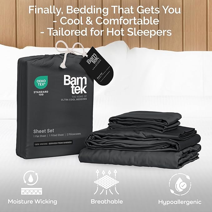 Viscose Bamboo Sheets King Size 4PC Set - Cooling Sheets for Hot Sleepers with Moisture Wicking Technology - Silky Soft 18 Inch Deep Pocket - Charcoal 76"x 80"