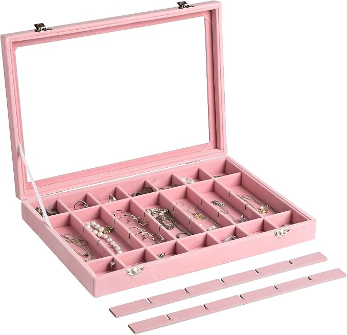 Frebeauty Velvet Jewelry Tray,35 Grid Jewelry Organizer with Clear Lid,Earring Holder Organizer Case with Clasp,Drawer Insert for Rings Studs,13.8 x 9.5 x 2 Inches,Gift for Women Girls(Pink) - Image 5