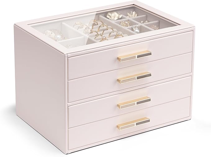 VLANDO 4 Layer Jewelry Box for Women, Glass Lid Jewelry Organizer with 4 Drawers for Necklaces Rings Earrings Bracelets - Light Pink by VLANDO