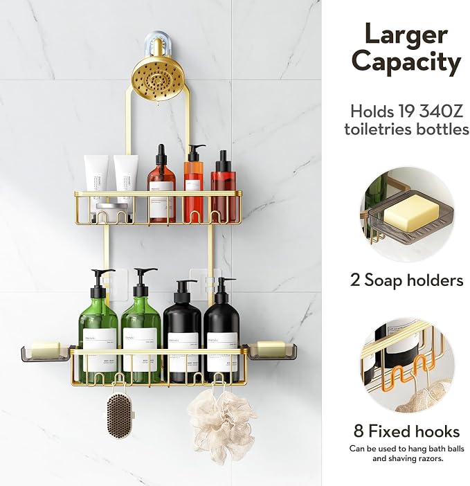 Shower Caddy Hanging, Shower Organizer Hanging, Aluminum Shower Racks for Inside Shower with Hooks for Razor, Never Rust Bathroom Organizers and Storage with Soap Holder, Gold - Image 4