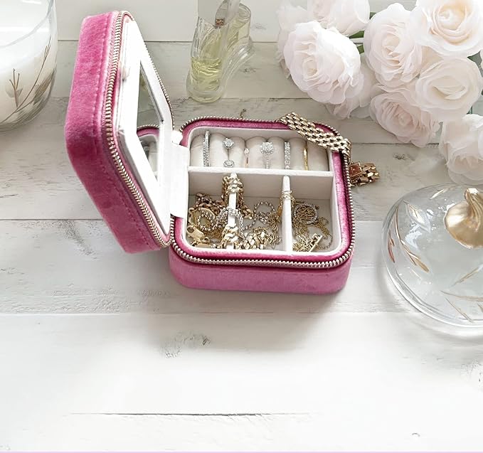 BLUTETE Travel Jewelry Box Organizer Velvet Travel Case With Mirror Ring Earrings Necklaces Storage Organizer Box (Berry Pink) - Image 6