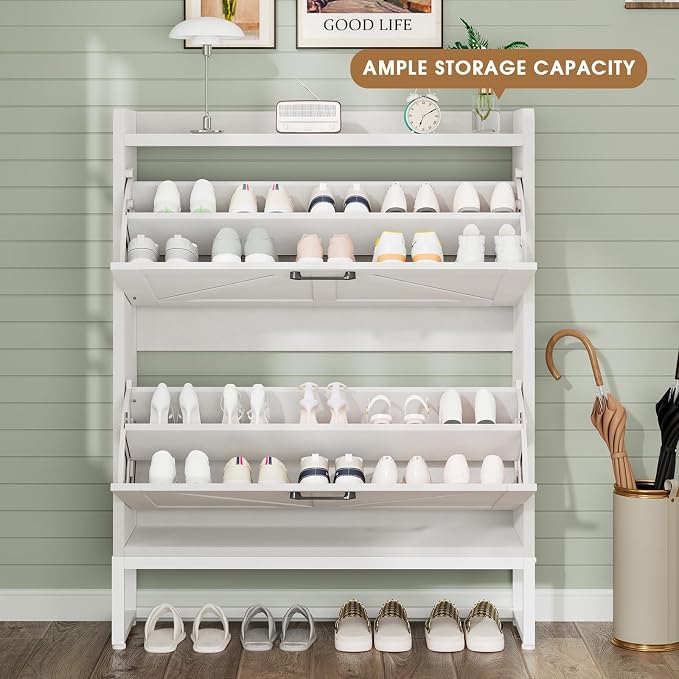 GRUSIGN Shoe Cabinet, Shoe Storage Cabinet with 2 Flip Drawers & Adjustable Shelf, Space-Saving Shoe Organizer – Holds 16+ Pairs, Narrow Shoe Cabinet Storage for Entryway/Hallway（White） - Image 3