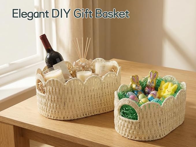 Coeusy Paper Rope Scalloped Basket Set of 2,Hand-woven Storage Baskets for Shelves,Nursery,Books,Toys,Cute Boho Decor Baskets for Organizing,White - Image 5