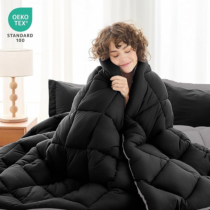 MUXHOMO 5 Pieces Twin Comforter Set, Reversible Bed in a Bag Twin Size, All Season Bedding Set with Comforter, Flat Sheet, Fitted Sheet, Pillowcases & Shams, Black & Soot