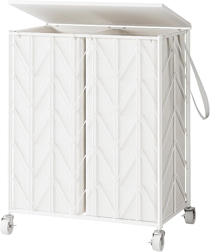 WOWLIVE Laundry Basket with Wheels, Heavy Duty Laundry Hamper with Wood Lid, Clothes Hamper with Divided Removable Liner Bag, Large Capacity Iron-Made Laundry Sorter Laundry Room Organization (White) by WOWLIVE