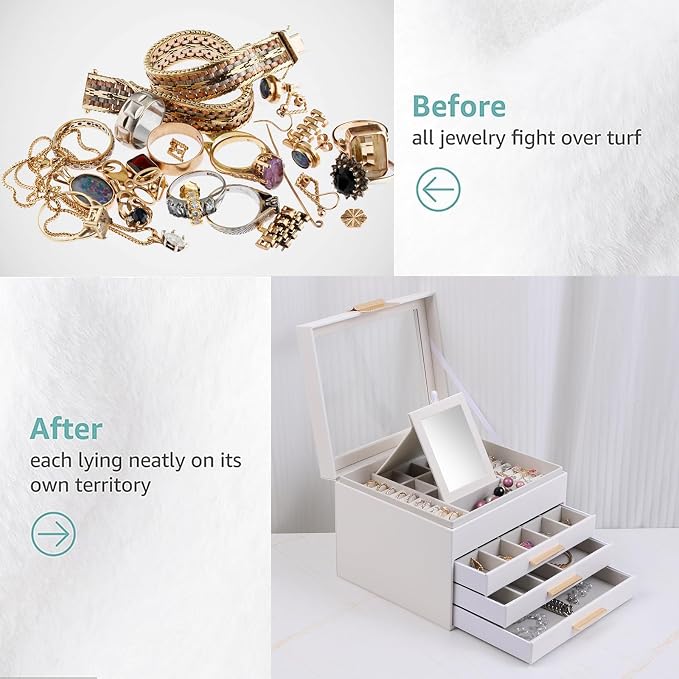 BOOVO Clear Lid Jewelry Box,4 Layers Jewelry Organizer Large Jewelry Storage Box with 3 Drawers,Jewelry Holder Organzier of Rings Earrings Necklace Bracelets for Women (White, 4 Layer) - Image 7