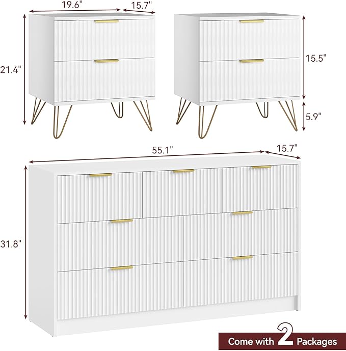 7 Drawer Dresser and Nightstand Sets for Bedroom, 3 Pcs Bedroom Set，Night Stand Set of 2 & 7 Drawer Dresser with Gold Handles, Modern Wood Chest of Drawers Storage Cabinet Set, White