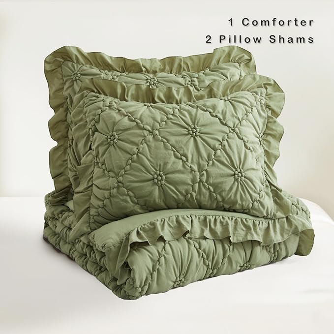 BEDAZZLED Queen Size Comforter Sets, Green Bedding Comforter Set, 3 Pieces Pinch Pleat Bedding Sets with Comforter and Pillowcases Soft Farmhouse Shabby Chic Comforter for All Season