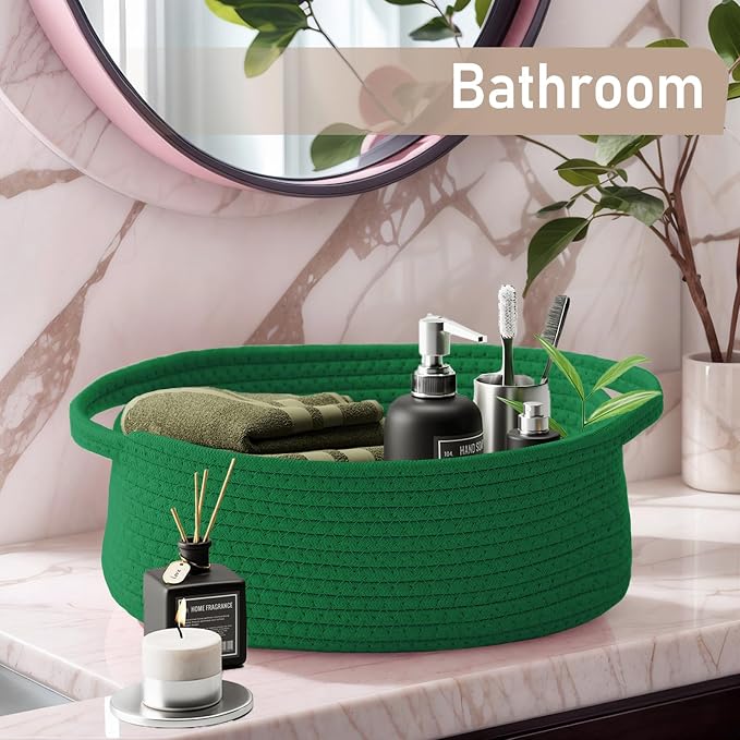 JMvicyroam Woven Basket,Small Rope Storage Bin with Handles & Ribbon Bag, Organizer for Shelves Closets,Gift Basket Empty for Birthday,Books,Dog Toys, Green/3 Pack - Image 8