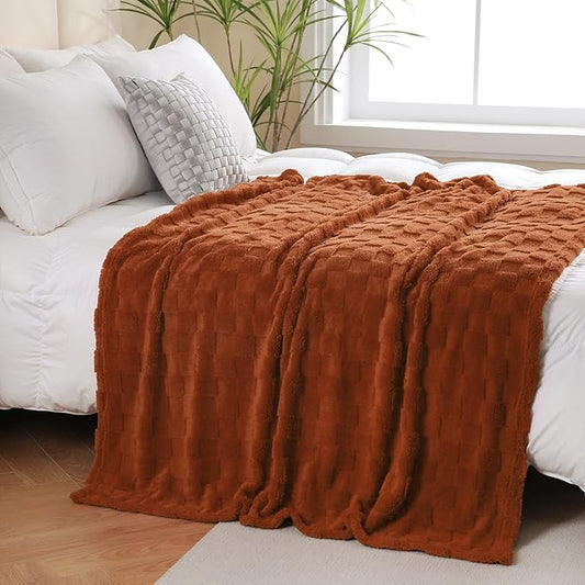 Burnt Orange Fleece Throw Blanket 90”×90” for Couch Sofa Bed,Super Soft Cozy Plush Microfiber Flannel Blanket with 3D Checkered Design Lightweight for Adults,Woman,Girls