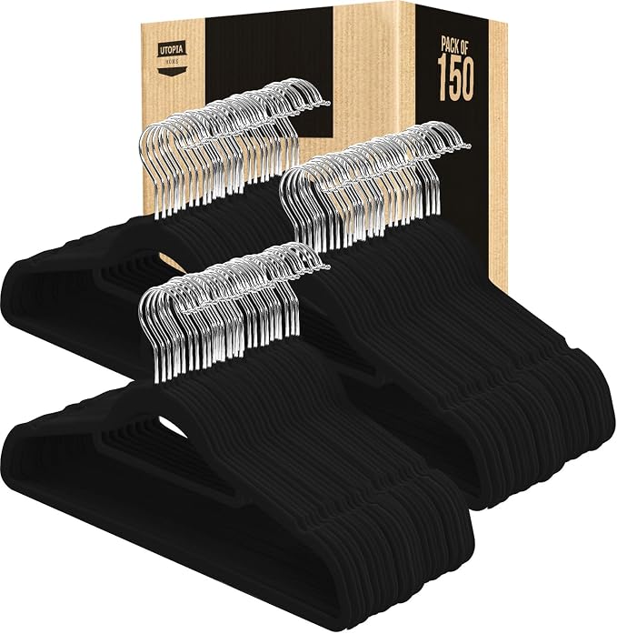 Utopia Home Premium Velvet Hangers 150 Pack - Non-Slip Clothes Hanger with Tie Bar - Black Hangers with 360 Degree Rotatable Hook - Heavy Duty Coat Hanger - Image 8