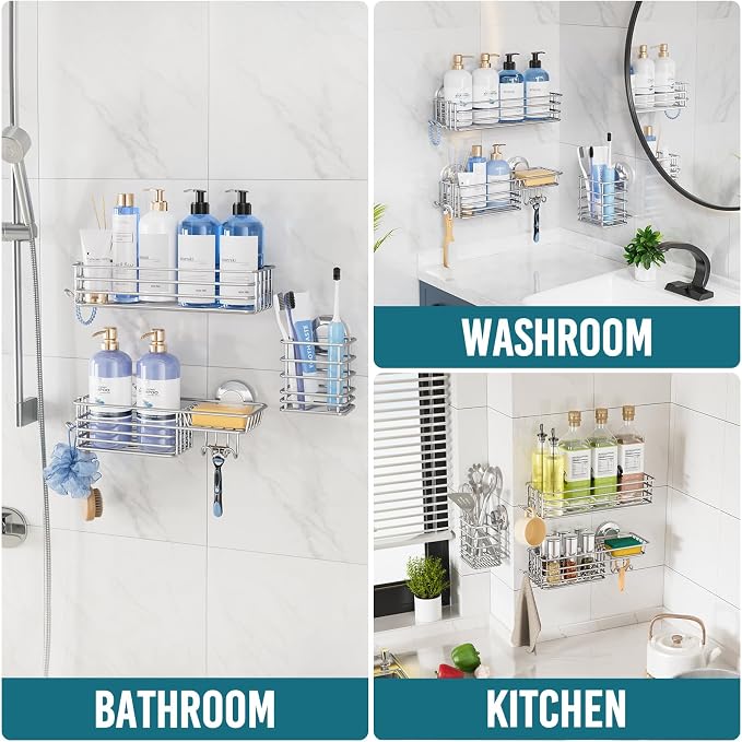 TAILI Shower Caddy Suction Cup, 3 Pack Shelves for Inside with Hooks & Soap Holder Toothbrush Cups, Removable Bathroom Organizer, Rustproof Silver Storage-Silver - Image 7