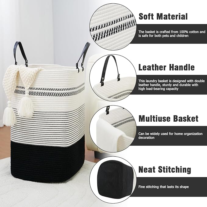 danpinera 100L Nursery Hamper, Tall Woven Laundry Basket with Long Leather Handles, Boho Laundry Hamper for Living Room & Bedroom, Eco-friendly & Convenient Decorative Storage Basket, White & Black - Image 2