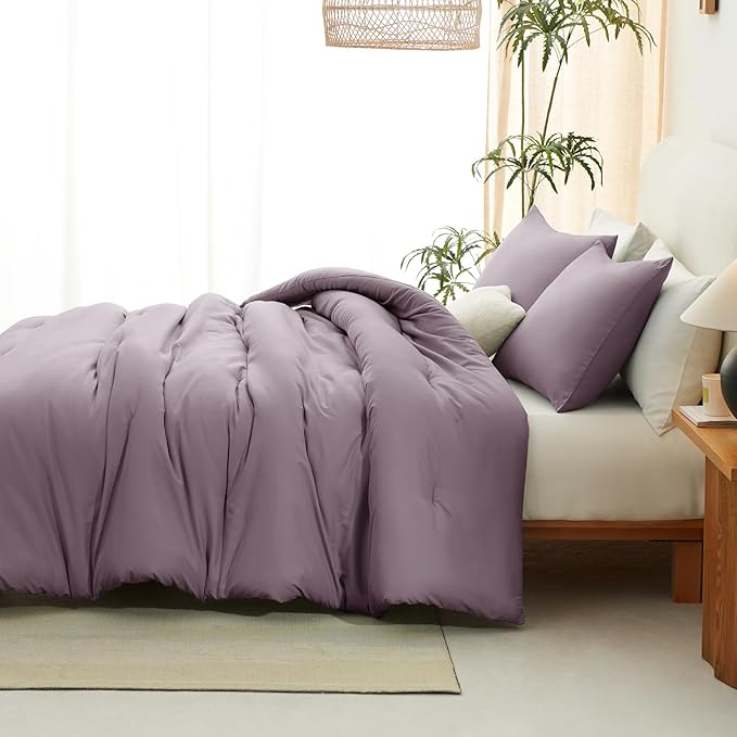 CozyLux Queen Comforter Set Dusty Purple, 3 Pieces Solid Comforters Queen Size Breathable Bedding Sets, Grayish Purple Luxury Soft Lightweight Bed Set with Down Alternative Comforter and 2 Pillowcases