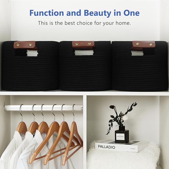 ECDYQXVU Cotton Rope Basket, Storage Baskets with Handle, 15x10x9 Inch Woven Basket for Shelves, Laundry, Towels, Clothes, Books (Black 1Pack) - Image 5