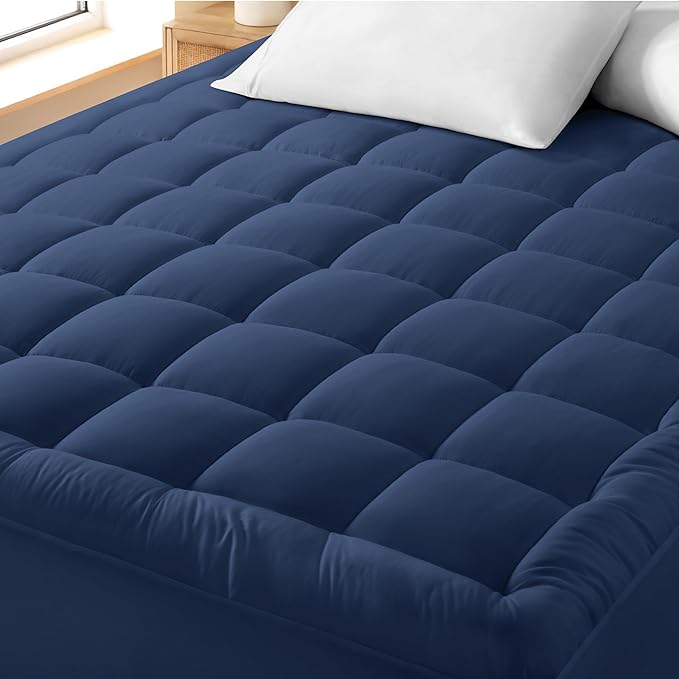 Bare Home Mattress Topper Cotton Top - Twin Extra Long - Plush Topper for Mattress - College Dorm Room Essentials - Cooling Breathable Air Flow - 8" to 21" Deep Pocket - Soft Pad (Twin XL, Dark Blue)