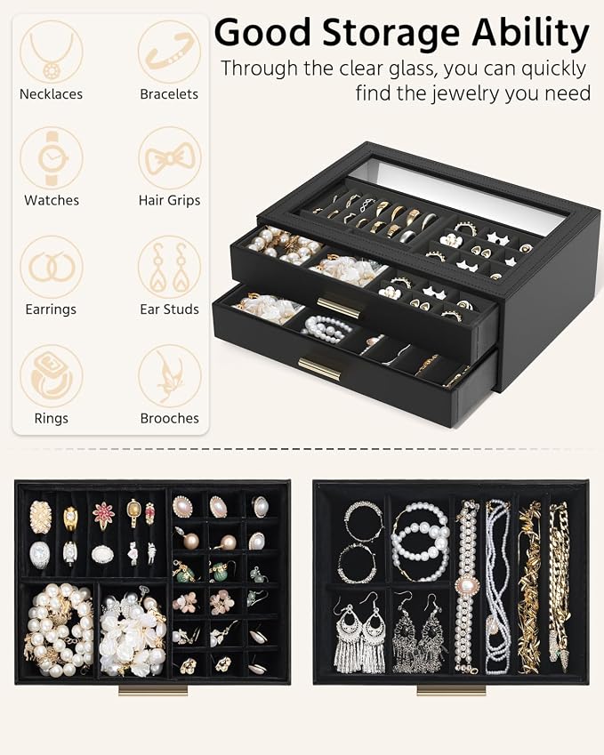 AKOZLIN Jewelry Box with Clear Lid Functional Leather Jewelry Storage Organizer Case 2 Drawers for Women Girls Necklace Ring Bracelet Earring - Image 4