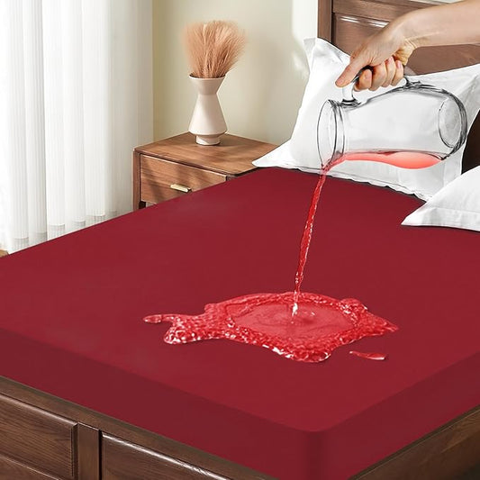 Twin Mattress Protector Waterproof, Breathable Mattress Cover Twin Size Bed, Noiseless Washable Fitted Sheet with Deep Pocket Up to 18", Machine Washable, WineRed (39'' X 75'')