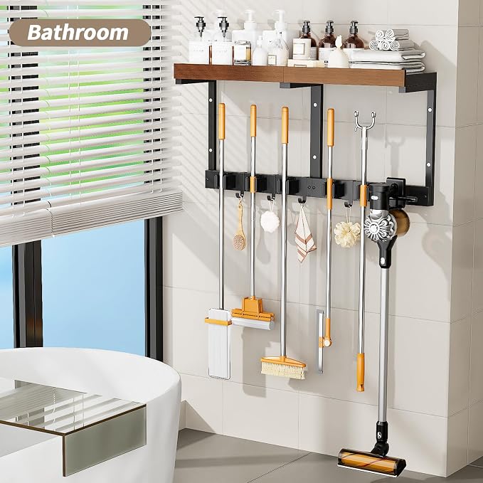 Broom Holder Wall Mount with Cleaning Supplies Organizer, Laundry Room Shelves with Mop Hanger Rack Gripper Hooks and Vacuum Organizer, Broom and Mop Organizer Wall Hanging for Home Garage Kitchen - Image 9