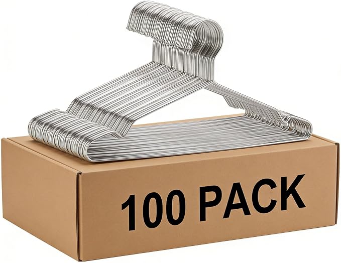 Hangers 100 Pack Clothes Hangers, Non Slip Coat Hanger Clothing Hanger Heavy Duty Metal Wire Hanger, Space Saving Ultra Thin Stainless Steel Skirt Suit Pants Hangars 16.5 Inch by SeropyDirect