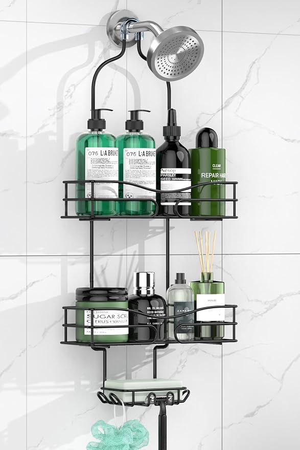 DAOYA Bathroom Shower Caddy Hanging - 3-Tier Organizer with Soap Holder & 6 Hooks for Towels, Sponge; Fits 21mm Shower Head Arm, Black by DAOYA