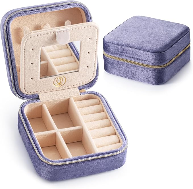 Plush Velvet Travel Jewelry Case, Mini Jewelry Box, Small Jewelry Organizer Portable Display Storage Case, for Girls Women (Periwinkle Blue-With Mirror) by VOMNA