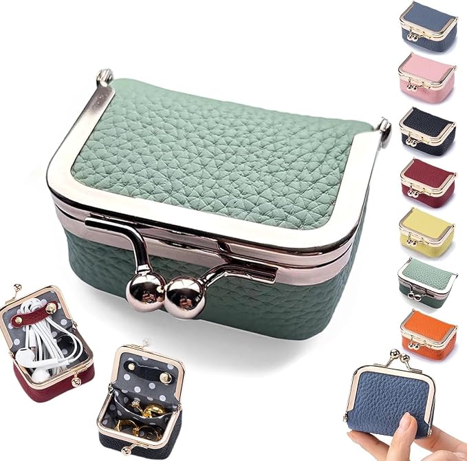 Leather Mini Jewelry Box, Portable Vintage Leather Coin Purse Jewelry Box with kiss Lock, Mini Travel Ring Box for Earrings/Rings/Necklaces/Bracelets by Unknown