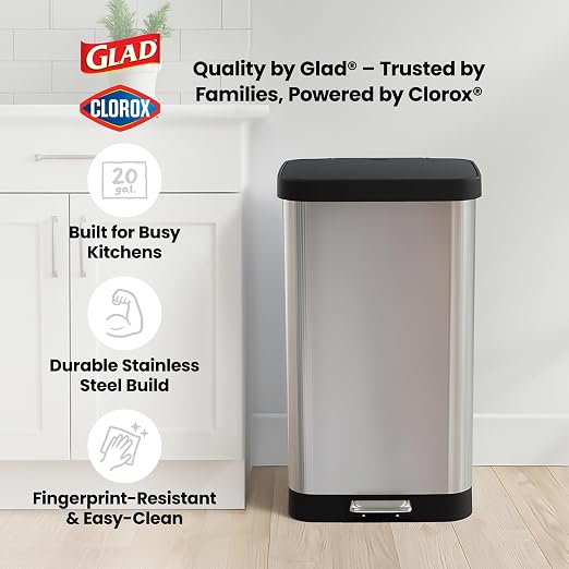 Glad Stainless Steel Step Trash Can with Clorox Odor Protection | Large Metal Kitchen Garbage Bin with Soft Close Lid, Foot Pedal and Waste Bag Roll Holder, 20 Gallon, Stainless - Image 8