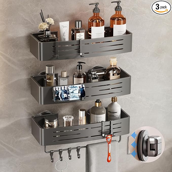 Voldra Shower Caddy Suction Cup, 3 Pack Shower Shelves for Inside Shower No Drilling, Aluminum Suction Showers Organizer with Towel Bar & Hooks Removable Bathroom Shelf Storage Rack(Gray) by VOLDRA