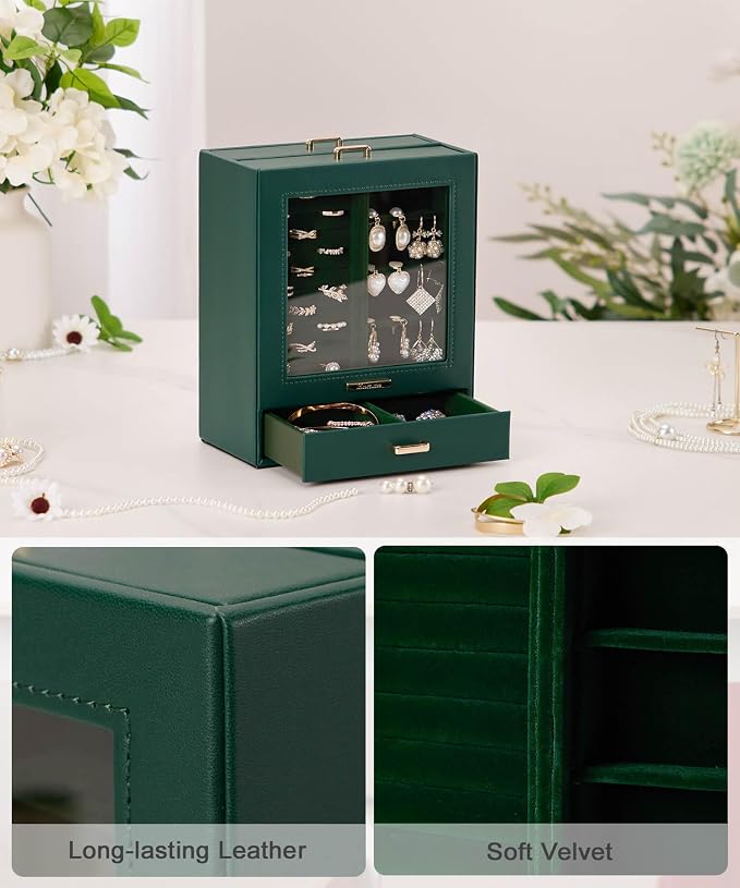 Homde Mothers Day Gifts Jewelry Organizer Girls Women Jewelry Box for Necklaces Rings Earrings Gift Bracelets Storage Case (Forest Green + Gold) - Image 6