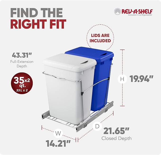 Rev-A-Shelf RV-18KD-11RC-S Double Pullout Trash Can for Kitchen Cabinets 35 Qt Garbage Recycling Bin on Full Extension Slide, Blue/White - Image 3