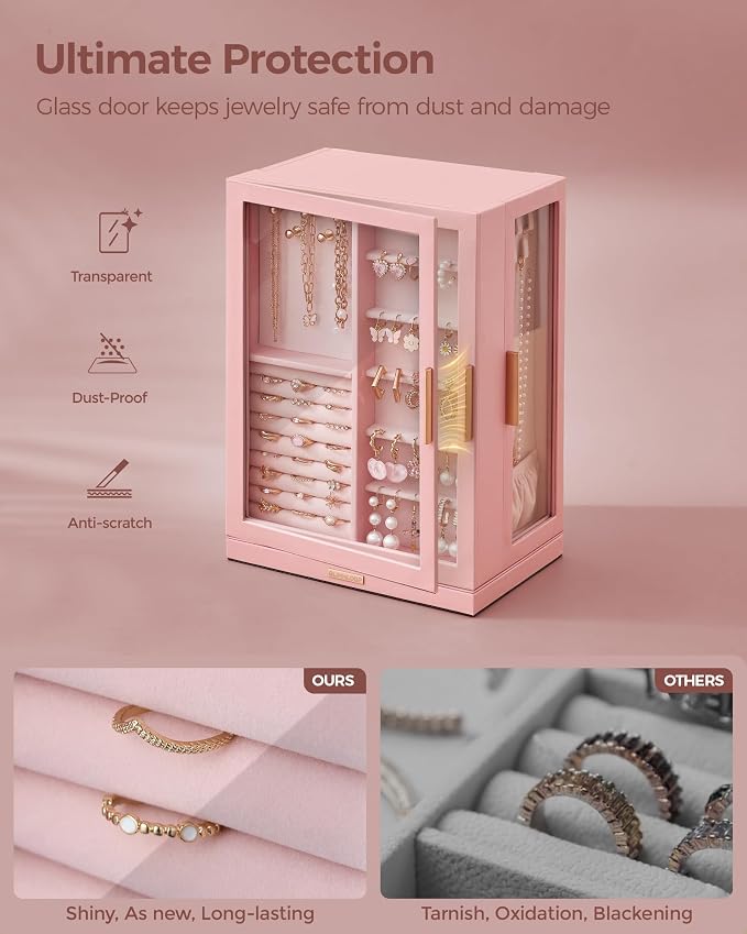 Glimmloop 360° Rotating Jewelry Box with 7 Drawers, Spacious Vertical Jewelry Organizer with Glass Window, Jewelry Storage Case, Dustproof & Moisture-resistant Design, Pink - Image 3