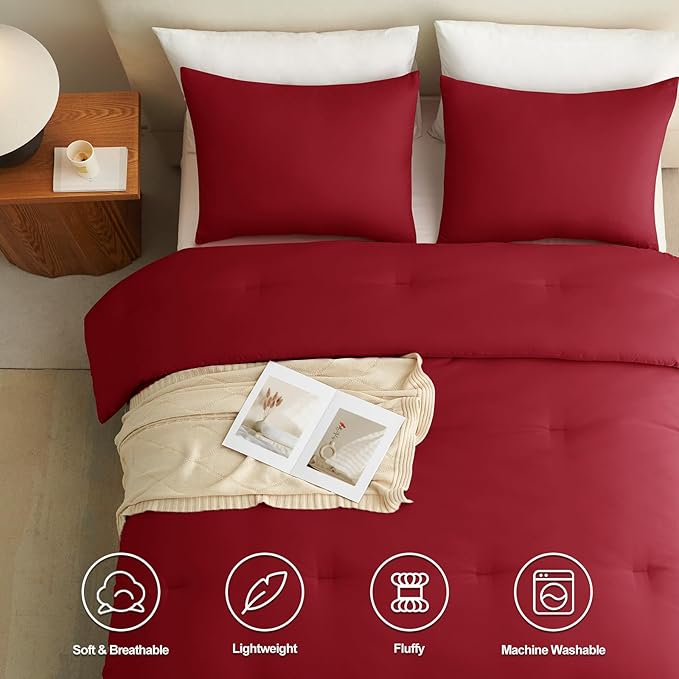 CozyLux King Size Comforter Set Dark Red, 3 Pieces Solid Comforters King Size Breathable Quilted Bedding Sets, Luxury Soft Lightweight Bed Set with Down Alternative Comforter and 2 Pillowcases
