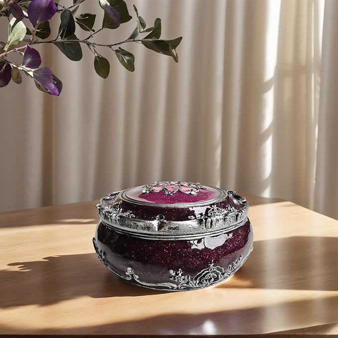 Handcrafted Round Jewelry Box - Vintage Rose Treasure Box with Carved Floral Lid, Elegant Organizer for Rings, Earrings, Necklaces and Bracelets, Romantic Gift for Wedding and Anniversary - Image 2