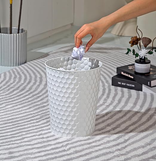 Venalys Small Metal Trash Can Wastebasket, Decorative Honeycomb Garbage Can Waste Basket, Modern Farmhouse Round Trash Bin for Bathroom, Bedroom, Kitchen and Office (White) - Image 2