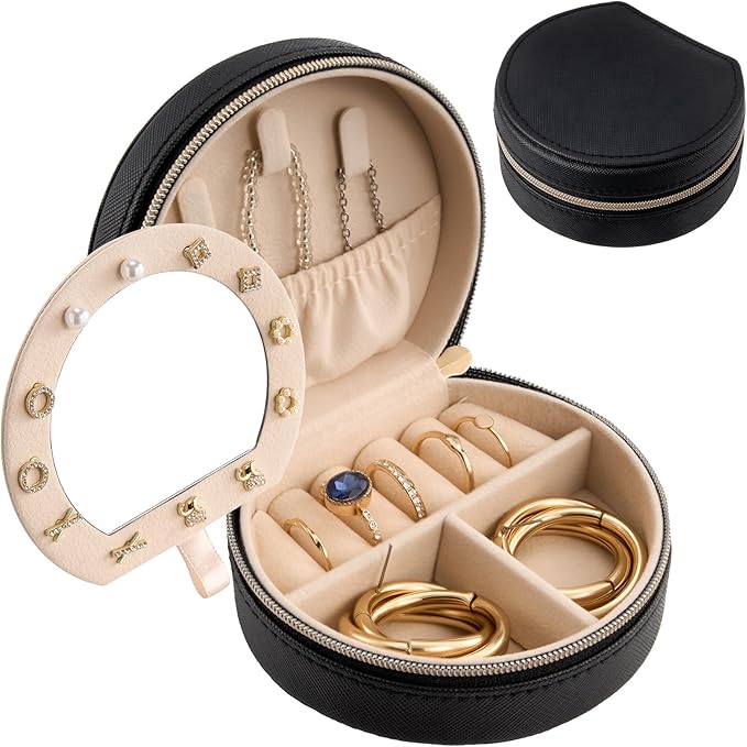 ProCase Travel Size Jewelry Box, Mini Portable Seashell-Shaped Jewelry Case with Mirror, 2 Layer Organizer in PU Leather for Women -Black by ProCase
