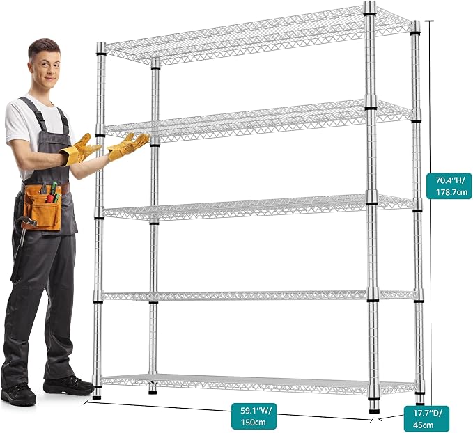 M MZG 5 Tiers Shelf 3300 lbs Steel Storage Shelving Utility Shelving Unit Steel Organizer Wire Rack for Home,Kitchen,Office,Garage Chrome 17.7" D x 47.2" W x 70.3" H - Image 3