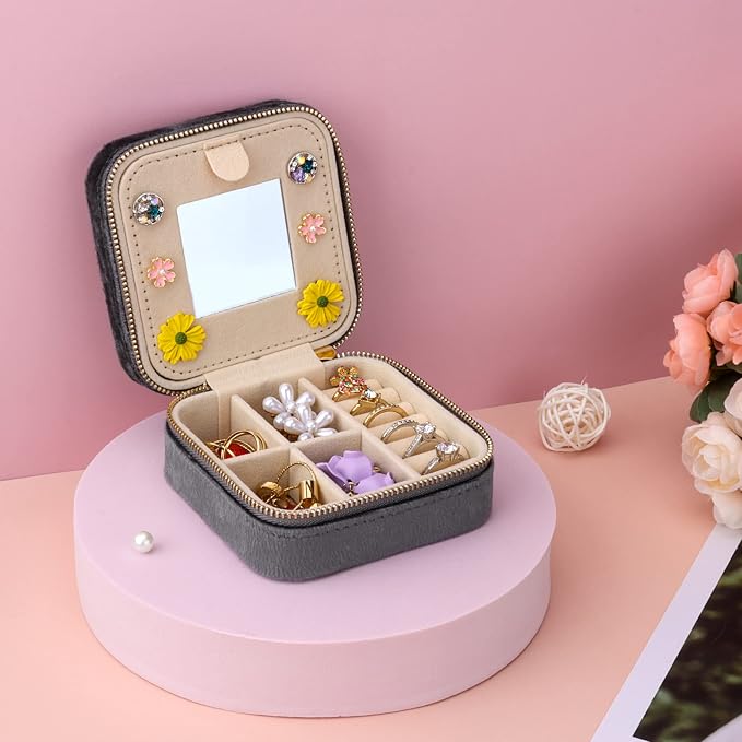 DesignSter Travel Jewelry Box - Velvet Mini Jewelry Organizer, Small Jewelry Case for Girls Women, Jewelry Storage Box for Rings Earrings Necklace (Square, Cool Gray) - Image 7