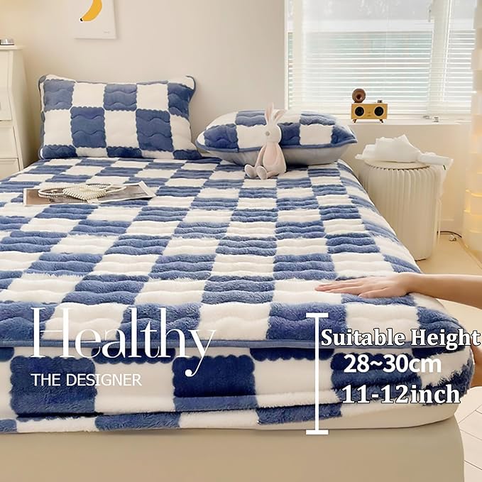 Velvet Fitted Sheet, Soft Velvet Fleece Bed Sheet Mattress Protector Cover with 12'' Deep Pocket Breathable Mattress Pad Cover, Elastic Fitted Mattress Topper(Cal King-79x87inch, Blue)