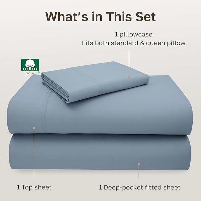 California Design Den Twin Sheet Set, 100% Cotton Sateen, 600 Thread Count Deep Pocket Twin Sheets, Soft Durable Bedding with Sateen Weave - Pastel Blue