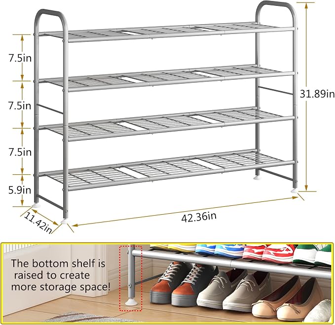LINZINAR Shoe Rack 4 Tier Storage Organizer for Closet Entryway Metal Grey - Image 3