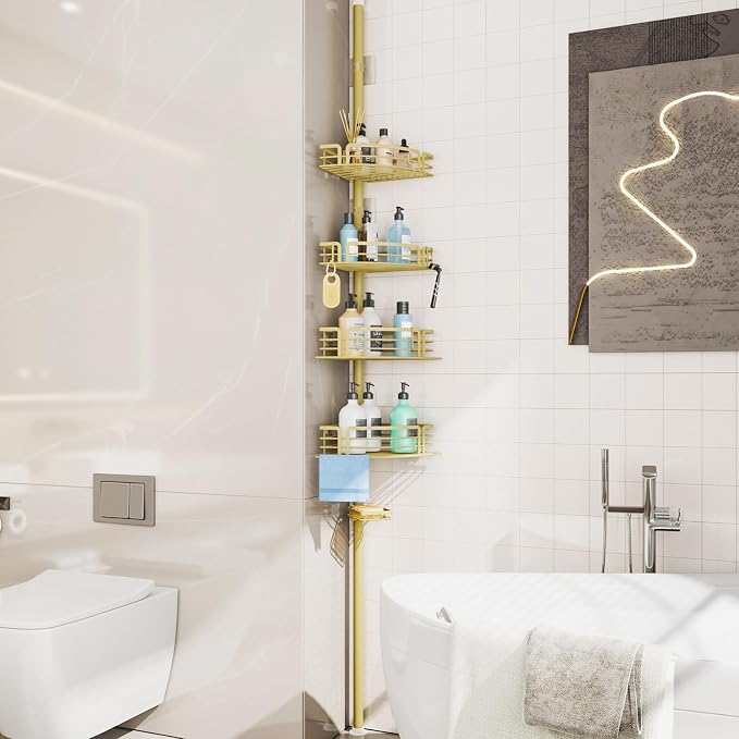 Consumest Corner Shower Caddy Tension Pole - Rustproof Shower Shelves with Towel Bar & Soap Holder, Adjustable Bath Organizer for Bathroom Storage, 27.6-108.3 inch, Gold - Image 7