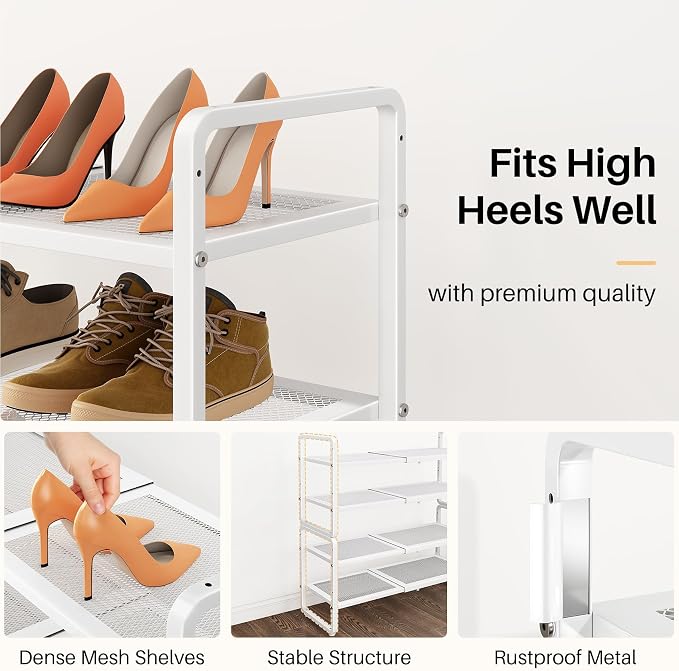 SNTD Shoe Rack - Expandable Shoe Organizer for Closet, Adjustable Metal Shoe Shelf Storage, Stackable Long Shoe Stand Holder for Garage, Entryway, Door Entrance (White, 4-Tier) - Image 5